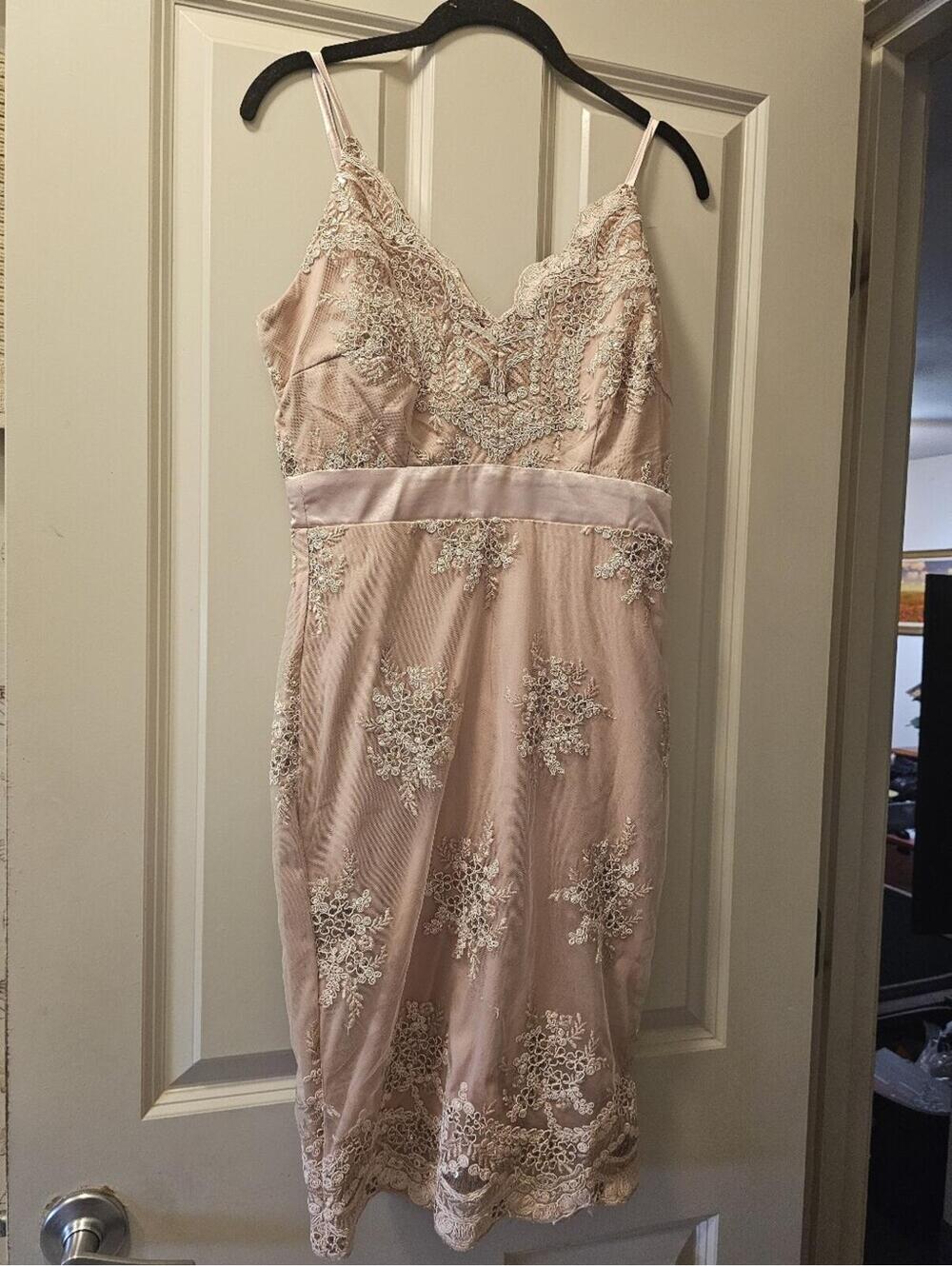 VENUS Blush Lace-Embellished Spaghetti Strap Midi Dress